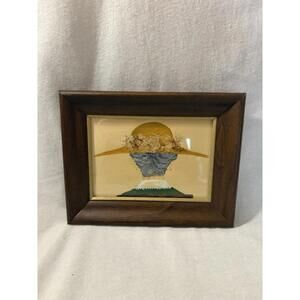 Vintage Pressed Dried Flowers On Old Lady’s  Straw Sun Hat Frame Picture